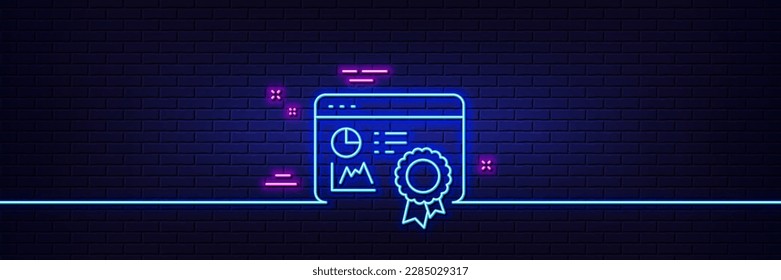 Neon light glow effect. Seo statistics line icon. Search engine certificate sign. Analytics chart symbol. 3d line neon glow icon. Brick wall banner. Seo certificate outline. Vector