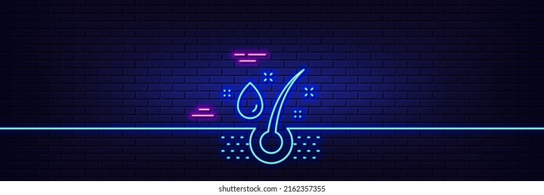 Neon light glow effect. Serum oil drop line icon. Hair care sign. 3d line neon glow icon. Brick wall banner. Serum oil outline. Vector