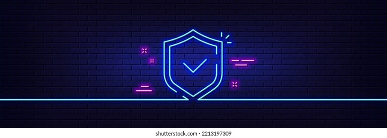 Neon light glow effect. Shield line icon. Privacy secure sign. Safe defense symbol. 3d line neon glow icon. Brick wall banner. Shield outline. Vector