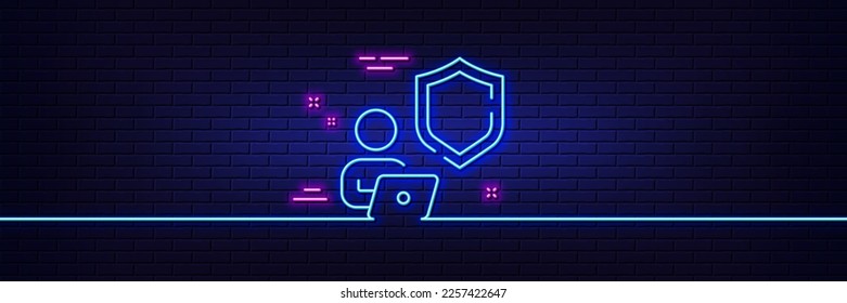 Efecto luminoso neón. Icono de la línea Escudo. Signo de privacidad seguro. Símbolo de defensa seguro. Icono de resplandor de neón de 3d línea. Banner de pared de ladrillo. Borde del escudo. Vector