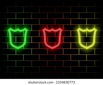 Neon light glow effect. Shield line icon. Internet protection sign. Password secure symbol. 3d line neon glow icon. Brick wall banner. Shield outline. Vector. green, red, yellow, pink, blue, orange.