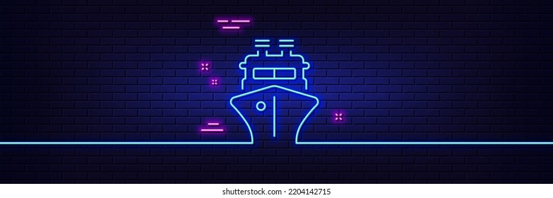 Neon light glow effect. Ship line icon. Watercraft transport sign. Shipping symbol. 3d line neon glow icon. Brick wall banner. Ship outline. Vector