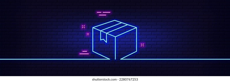 Efecto luminoso neón. Icono de línea de la caja de envío. Signo de entrega logística. Símbolo de seguimiento de paquetes. Icono de resplandor de neón de 3d línea. Banner de pared de ladrillo. Esquema de paquete. Vector