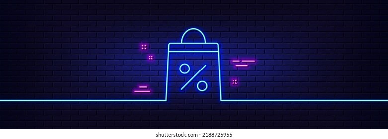 Neon light glow effect. Shopping bag with Percentage line icon. Supermarket buying sign. Sale and Discounts symbol. 3d line neon glow icon. Brick wall banner. Shopping bag outline. Vector