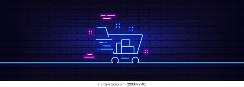 Efecto luminoso neón. Icono de línea de carrito de compras. Firma de pedido urgente. Símbolo de compra rápida. Icono de resplandor de neón de 3d línea. Banner de pared de ladrillo. Esquema del carrito de compras. Vector