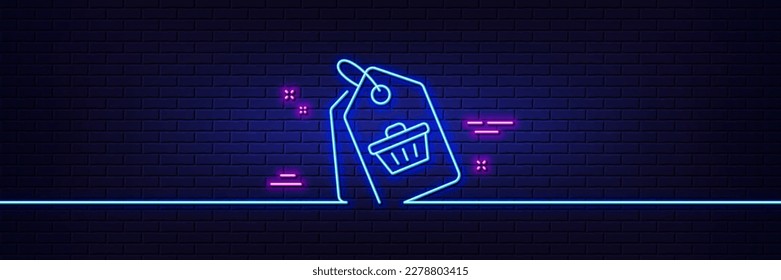 Neon light glow effect. Shopping cart line icon. Customer sale tags sign. Supermarket purchases symbol. 3d line neon glow icon. Brick wall banner. Sale tag outline. Vector