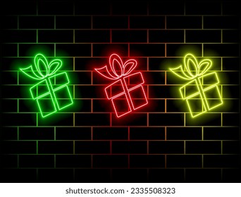 Efecto luminoso neón. Bolsa de compras con el icono de la línea de la caja de regalo. Señal de regalo o de venta. Símbolo de compras de cumpleaños. Empaquetar en papel de embalaje. icono del neon glow. Banner de pared de ladrillo. Vector. verde, rojo, amarillo, rosa, 