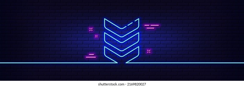 Neon light glow effect. Shoulder strap line icon. Army reward sign. Best rank symbol. 3d line neon glow icon. Brick wall banner. Shoulder strap outline. Vector
