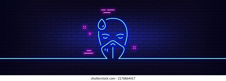 Neon light glow effect. Sick man with medical mask line icon. Safety respiratory mask sign. Coronavirus face protection symbol. 3d line neon glow icon. Brick wall banner. Sick man outline. Vector