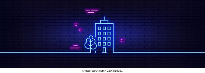 Neon light glow effect. Skyscraper buildings line icon. City architecture with tree sign. Town symbol. 3d line neon glow icon. Brick wall banner. Skyscraper buildings outline. Vector