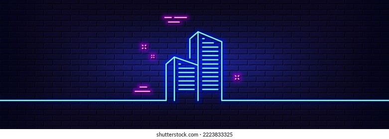 Neon light glow effect. Skyscraper buildings line icon. City architecture sign. Town symbol. 3d line neon glow icon. Brick wall banner. Skyscraper buildings outline. Vector