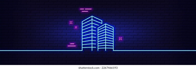 Neon light glow effect. Skyscraper buildings line icon. City architecture sign. Town symbol. 3d line neon glow icon. Brick wall banner. Skyscraper buildings outline. Vector