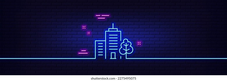 Neon light glow effect. Skyscraper buildings line icon. City architecture with tree sign. Town symbol. 3d line neon glow icon. Brick wall banner. Skyscraper buildings outline. Vector