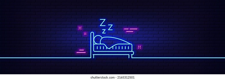 Neon light glow effect. Sleep line icon. Night rest bed sign. Human bedtime symbol. 3d line neon glow icon. Brick wall banner. Sleep outline. Vector