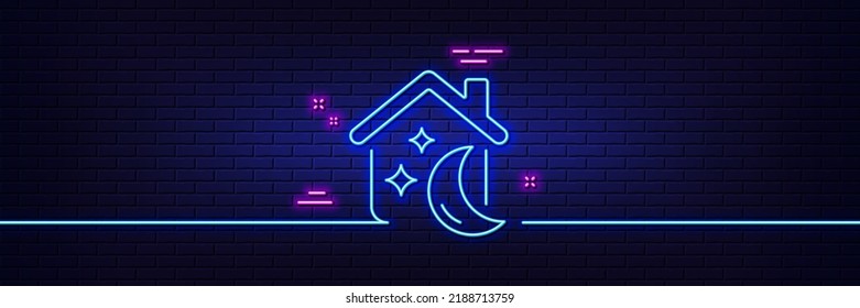 Neon light glow effect. Sleep line icon. Night house sign. Dream home symbol. 3d line neon glow icon. Brick wall banner. Sleep outline. Vector