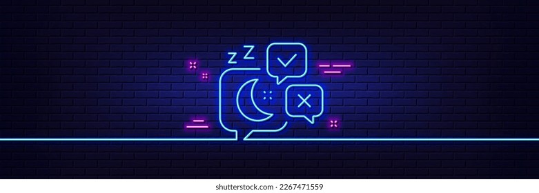 Neon light glow effect. Sleep line icon. Night rest sign. Chat bubble with moon symbol. 3d line neon glow icon. Brick wall banner. Sleep outline. Vector