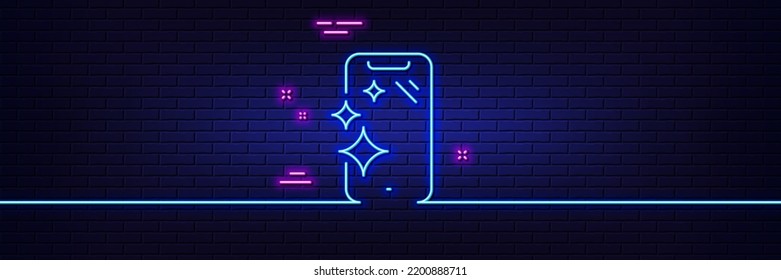 Efecto luminoso neón. Icono de la línea de pantalla limpia del Smartphone. Señal de teléfono. Símbolo de dispositivo móvil. Icono de resplandor de neón de 3d línea. Banner de pared de ladrillo. Esquema limpio del Smartphone. Vector