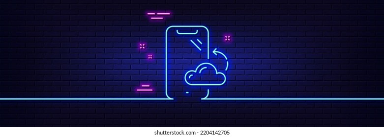 Neon light glow effect. Smartphone cloud line icon. Phone backup sign. Mobile device symbol. 3d line neon glow icon. Brick wall banner. Smartphone cloud outline. Vector