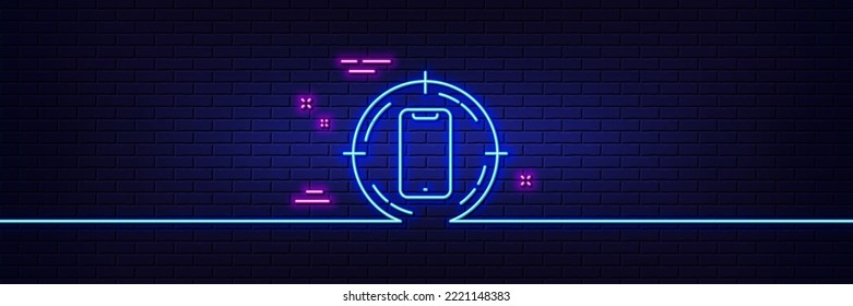 Neon light glow effect. Smartphone target line icon. Phone sign. Mobile device symbol. 3d line neon glow icon. Brick wall banner. Smartphone target outline. Vector