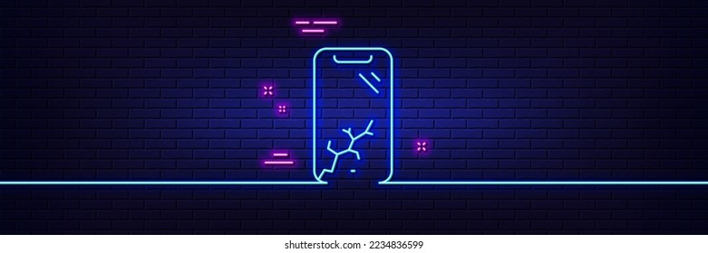 Neon light glow effect. Smartphone broken line icon. Phone crash sign. Mobile device crack symbol. 3d line neon glow icon. Brick wall banner. Smartphone broken outline. Vector