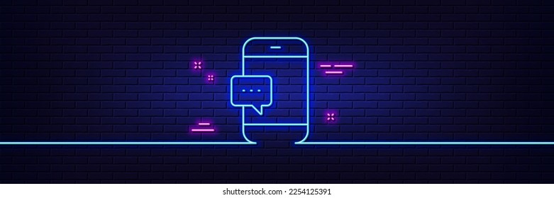 Neon light glow effect. Smartphone Message icon. Cellphone or Phone messenger sign. Communication Mobile device with Chat symbol. 3d line neon glow icon. Brick wall banner. Vector