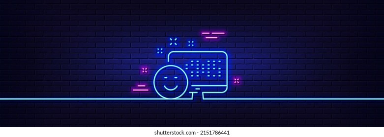 Neon light glow effect. Smile line icon. Positive feedback rating sign. Customer satisfaction symbol. 3d line neon glow icon. Brick wall banner. Smile outline. Vector
