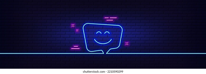 Neon light glow effect. Smile face line icon. Happy emoticon chat sign. Speech bubble symbol. 3d line neon glow icon. Brick wall banner. Smile face outline. Vector