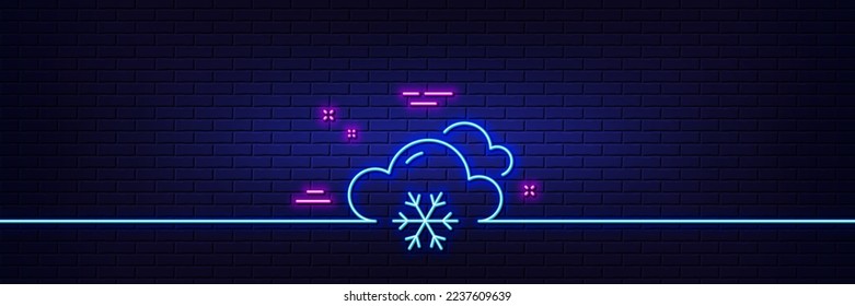 Neon light glow effect. Snow weather forecast line icon. Clouds with snowflake sign. Cloudy sky symbol. 3d line neon glow icon. Brick wall banner. Snow weather outline. Vector