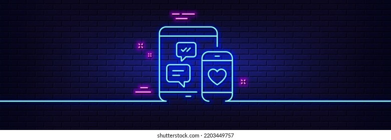 Neon light glow effect. Social media messages line icon. Mobile devices sign. Smartphone Love message symbol. 3d line neon glow icon. Brick wall banner. Social media outline. Vector
