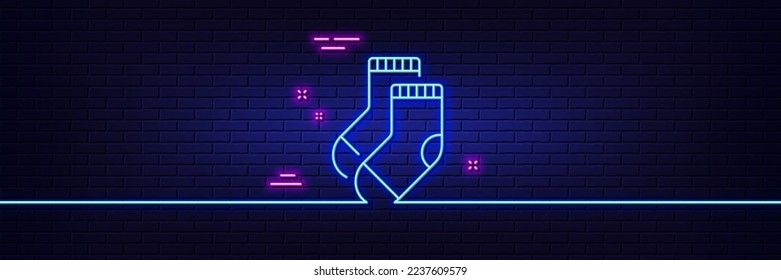 Neon light glow effect. Socks line icon. Underwear clothing sign. Feet accessory symbol. 3d line neon glow icon. Brick wall banner. Socks outline. Vector