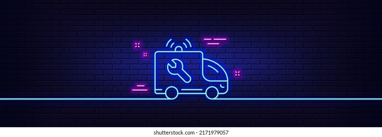 Neon light glow effect. Spanner tool line icon. Car repair service sign. Fix instruments symbol. 3d line neon glow icon. Brick wall banner. Car service outline. Vector