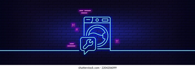 Neon light glow effect. Spanner tool line icon. Washing machine repair service sign. 3d line neon glow icon. Brick wall banner. Washing machine outline. Vector