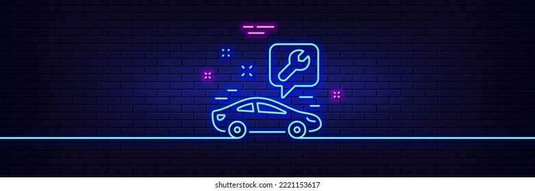 Neon light glow effect. Spanner tool line icon. Car repair service sign. Fix instruments symbol. 3d line neon glow icon. Brick wall banner. Car service outline. Vector