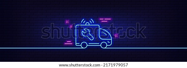 Neon light glow effect.\
Spanner tool line icon. Car repair service sign. Fix instruments\
symbol. 3d line neon glow icon. Brick wall banner. Car service\
outline. Vector
