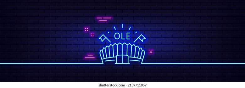 Neon light glow effect. Sports arena line icon. Stadium with flags sign. Sport complex symbol. 3d line neon glow icon. Brick wall banner. Sports arena outline. Vector