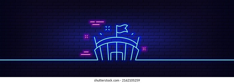 Neon light glow effect. Sports stadium line icon. Arena with flag sign. Sport complex symbol. 3d line neon glow icon. Brick wall banner. Arena outline. Vector