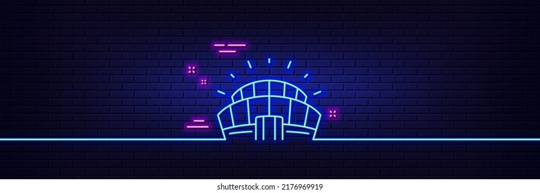 Neon light glow effect. Sports stadium line icon. Arena sign. Sport complex symbol. 3d line neon glow icon. Brick wall banner. Sports stadium outline. Vector