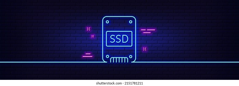 Neon light glow effect. SSD icon. Solid-state drive sign. Storage disk symbol. 3d line neon glow icon. Brick wall banner. SSD outline. Vector