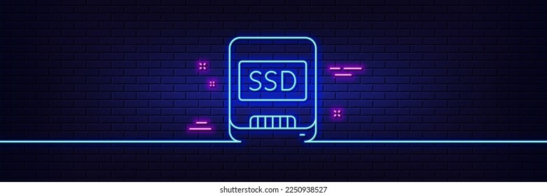 Neon light glow effect. Ssd line icon. Computer memory component sign. Data storage symbol. 3d line neon glow icon. Brick wall banner. Ssd outline. Vector