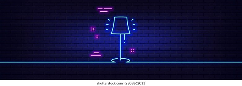 Neon light glow effect. Stand lamp line icon. Floor light sign. Interior illuminate symbol. 3d line neon glow icon. Brick wall banner. Stand lamp outline. Vector