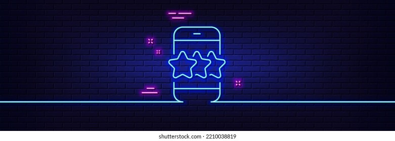 Neon light glow effect. Star line icon. Feedback rating phone sign. Customer satisfaction symbol. 3d line neon glow icon. Brick wall banner. Star outline. Vector