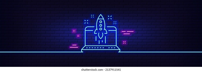 Neon light glow effect. Start business line icon. Launch crowdfunding project sign. Innovation symbol. 3d line neon glow icon. Brick wall banner. Start business outline. Vector