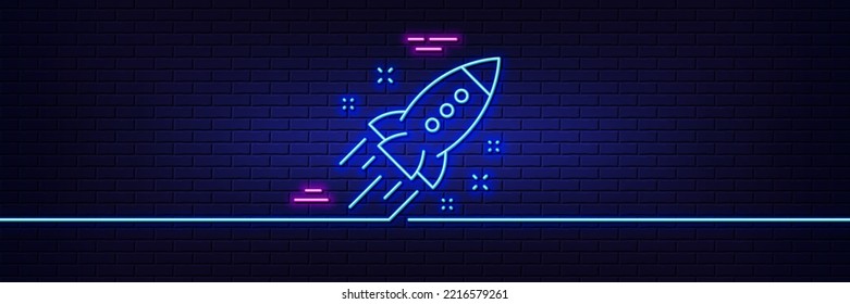 Neon light glow effect. Startup rocket line icon. Launch Project sign. Innovation symbol. 3d line neon glow icon. Brick wall banner. Startup rocket outline. Vector