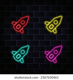 Neon light glow effect. Startup rocket line icon. Project launch sign. Symbol of innovation. 3D line neon glow icon. Brick wall banner. Startup rocket sketch. Vector.. yellow, red, green, blue, pink a