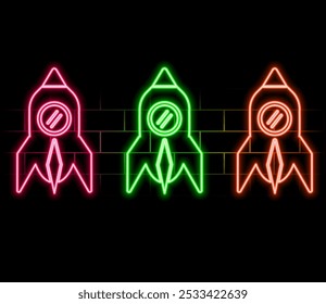 Neonlicht-Glüheffekt. Symbol für Startraketenzeile. Projektzeichen starten. Innovationssymbol 3D-Linie Neon Glanz Symbol. Ziegelmauer-Banner. Startrocket-Umriss. Vektorgrafik.rosa