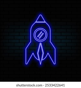 Efecto de brillo de luz de neón. Icono de línea de cohete de inicio. Inicie el signo Proyecto. Símbolo de innovación. Icono del resplandor de neón de la línea 3D. Anuncio de pared de ladrillo. Esquema del cohete de arranque. Vector. azul.