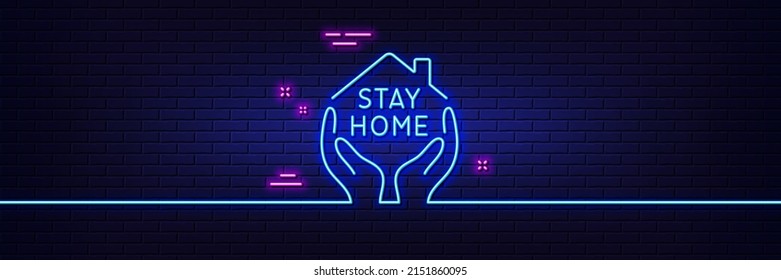 Neon light glow effect. Stay home line icon. Coronavirus pandemic quarantine sign. Save lives symbol. 3d line neon glow icon. Brick wall banner. Stay home outline. Vector