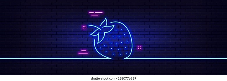 Neon light glow effect. Strawberry line icon. Fruit food sign. Diet nutrition symbol. 3d line neon glow icon. Brick wall banner. Strawberry outline. Vector