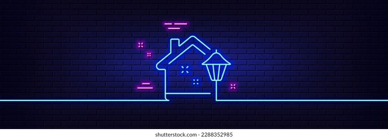 Neon light glow effect. Street light line icon. Outdoor lamp sign. House illuminate symbol. 3d line neon glow icon. Brick wall banner. Street light outline. Vector