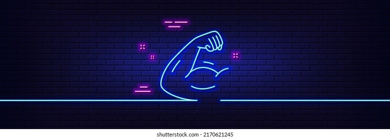 Neon Light Glow Effect. Strong Arm Line Icon. Strength Muscle Sign. Gym Fit Training Symbol. 3d Line Neon Glow Icon. Brick Wall Banner. Strong Arm Outline. Vector